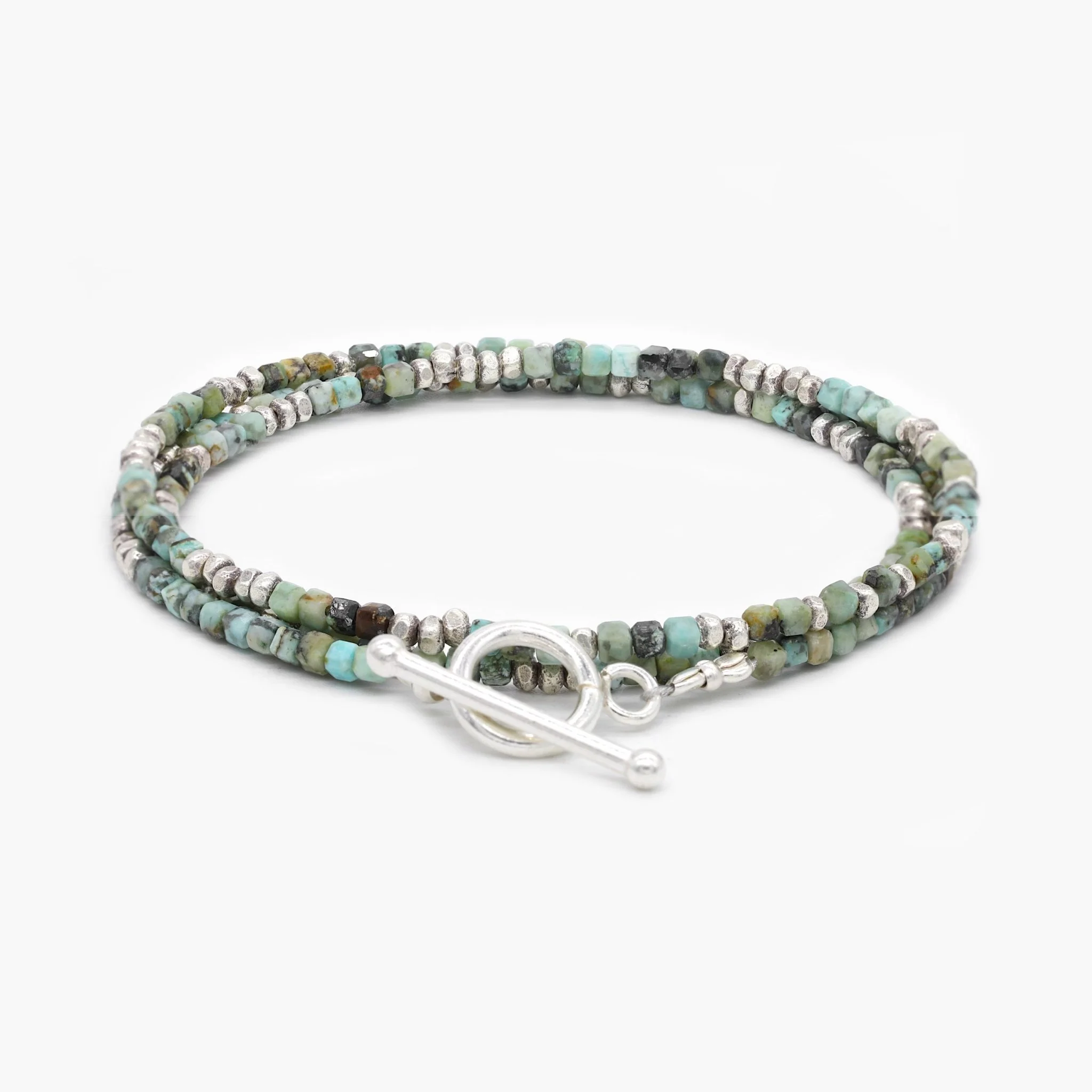 3 Laps Bracelet With Natural African Turquoise And Sterling Silver Beads - Image 2