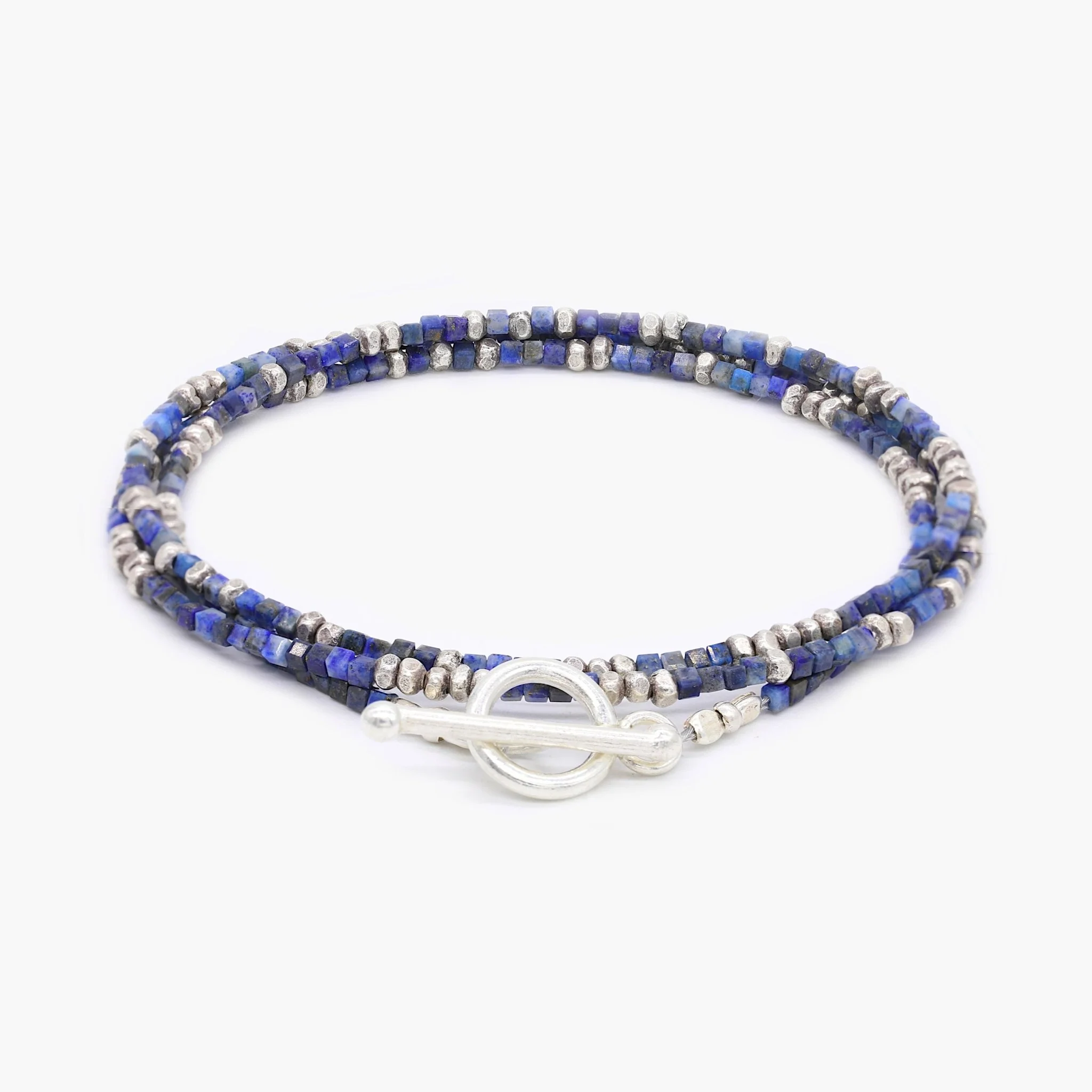 3 Laps Bracelet With Natural Lapis And Sterling Silver Beads - Image 2