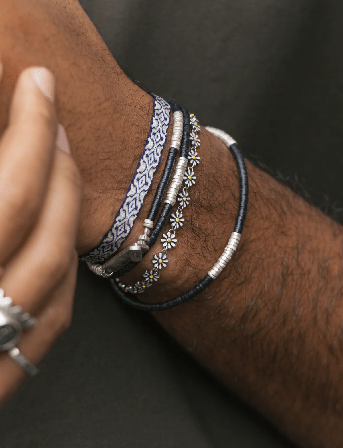 3 Laps Bracelet With Vinyl And Sterling Silver Beads (White/Orange) - Image 5