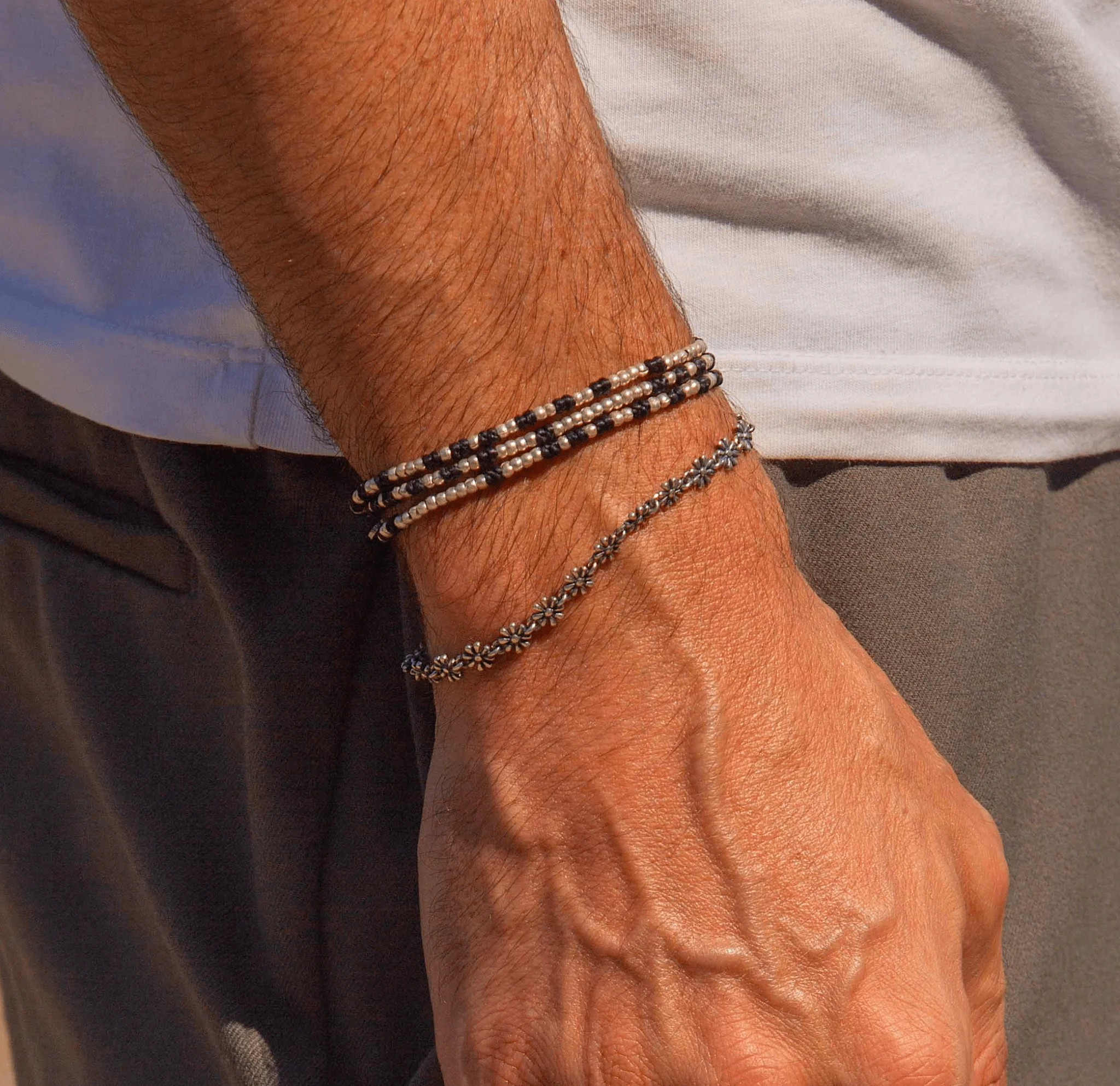 3 Laps Braided Bracelet With Sterling Silver Beads (Black) - Image 3