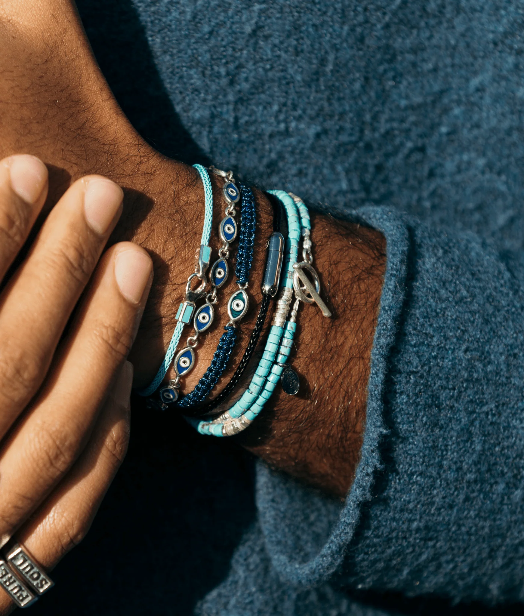 Double Laps Bracelet With Sterling Silver And Arizona Turquoise Beads - Image 3