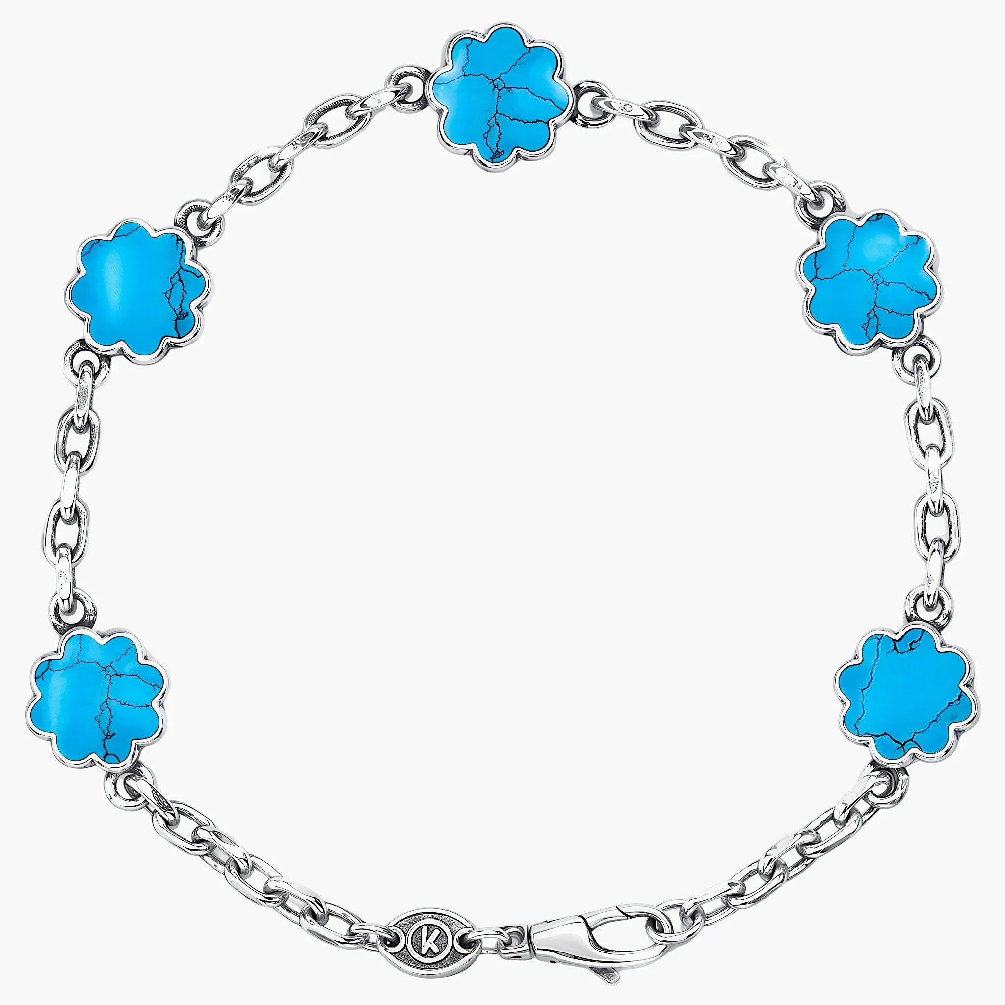 Multi Daisies Sterling Silver Chain Bracelet With Arizona Turquoise