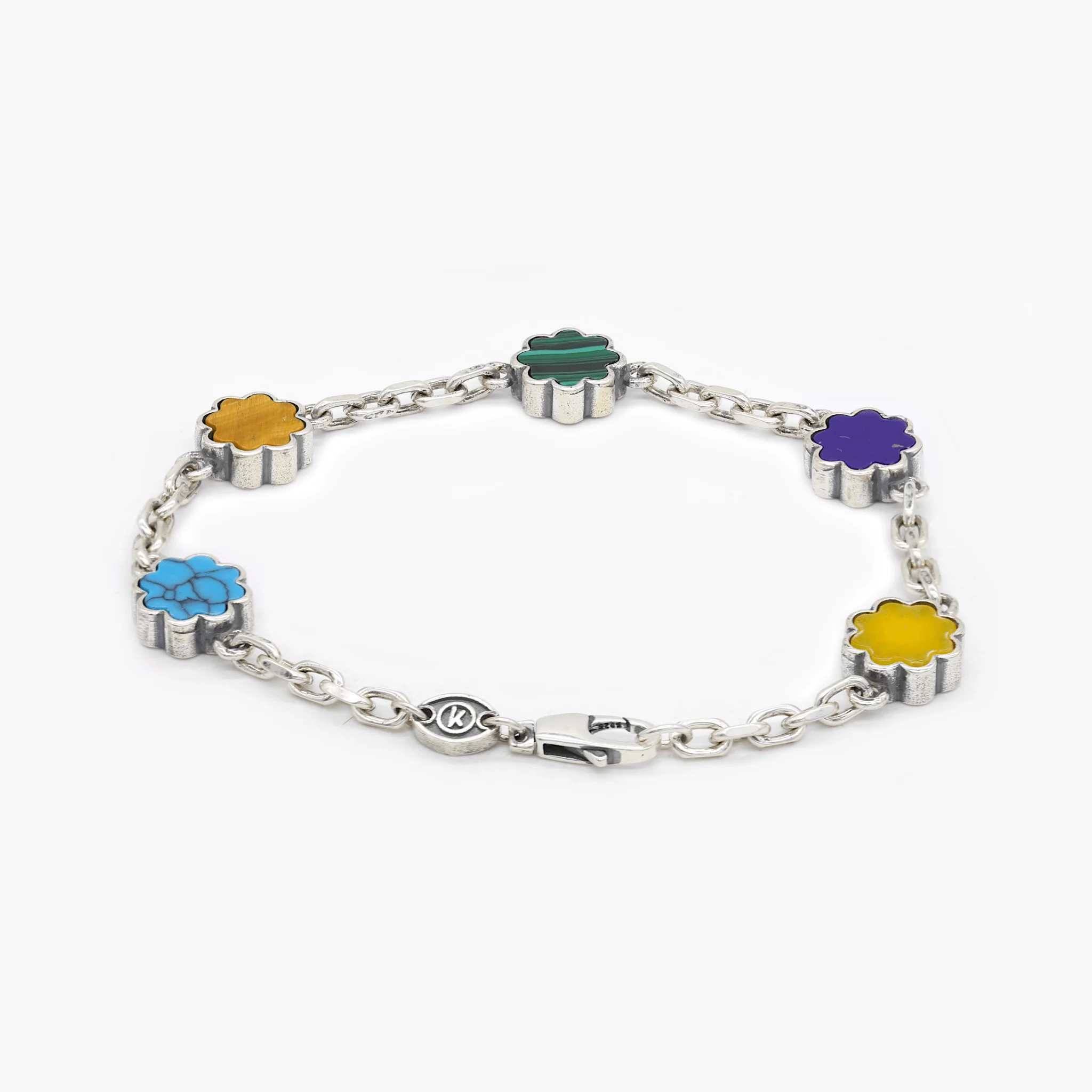 Multi Daisies Sterling Silver Chain Bracelet With Assorted Natural Stones - Image 2