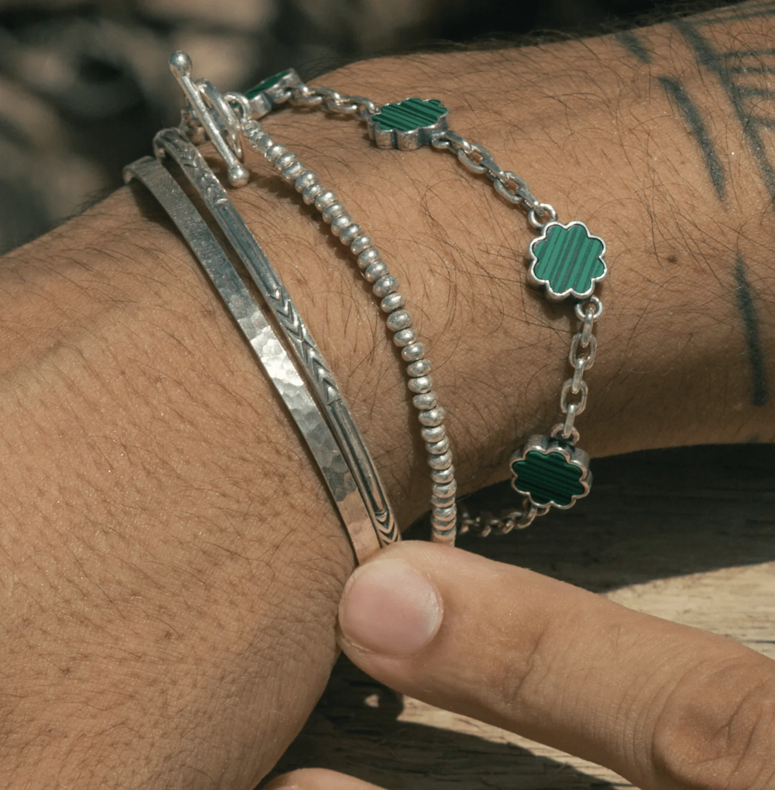 Multi Daisies Sterling Silver Chain Bracelet With Malachite - Image 3