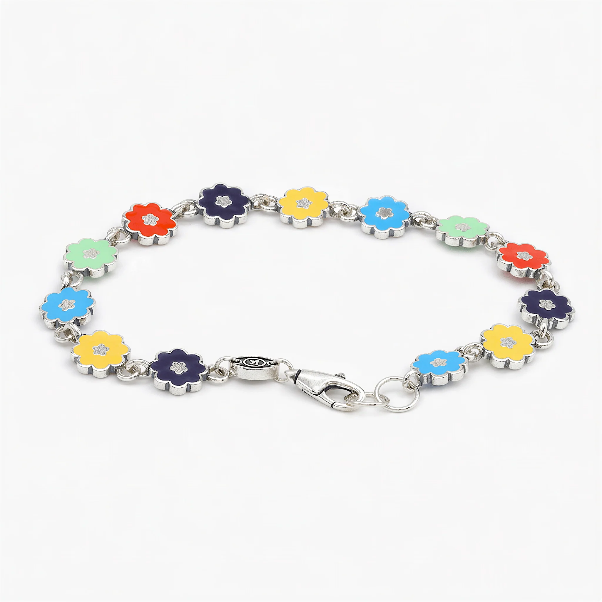 Multi Enameled Flowers Sterling Silver Chain Bracelet - Image 2