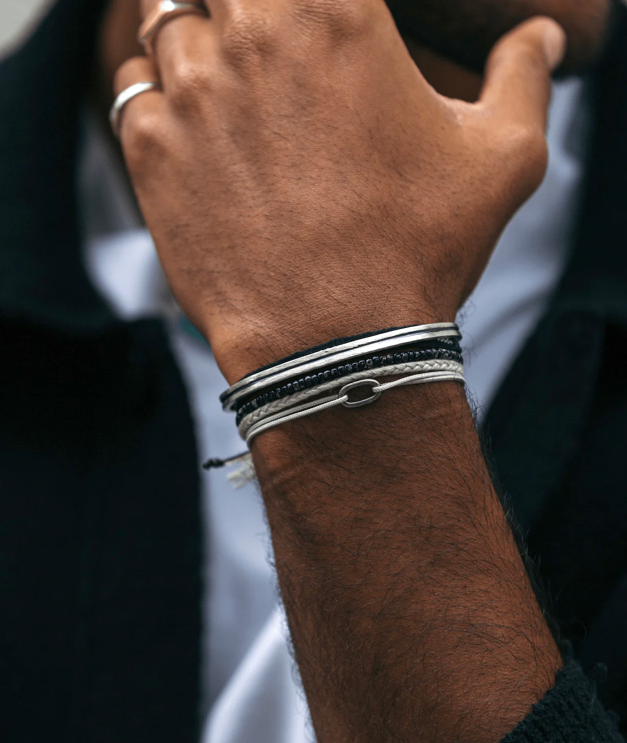 Nylon Thread With Silver Hoop "Indah" Bracelet (Grey) - Image 3