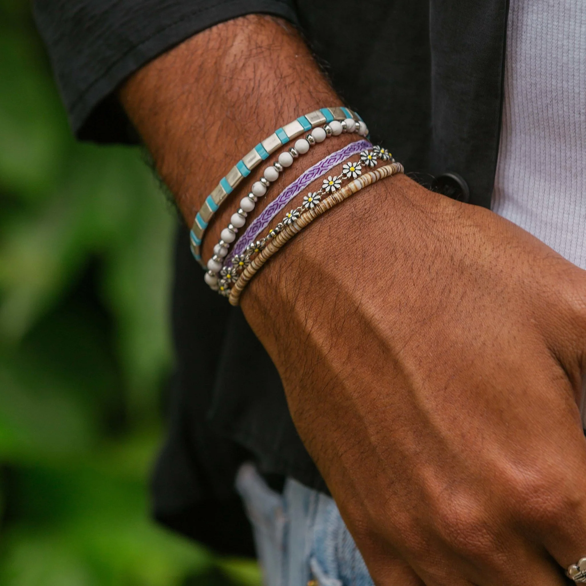 Silver Bracelet With Hand-Forged Tila Beads (Light Blue) - Image 4