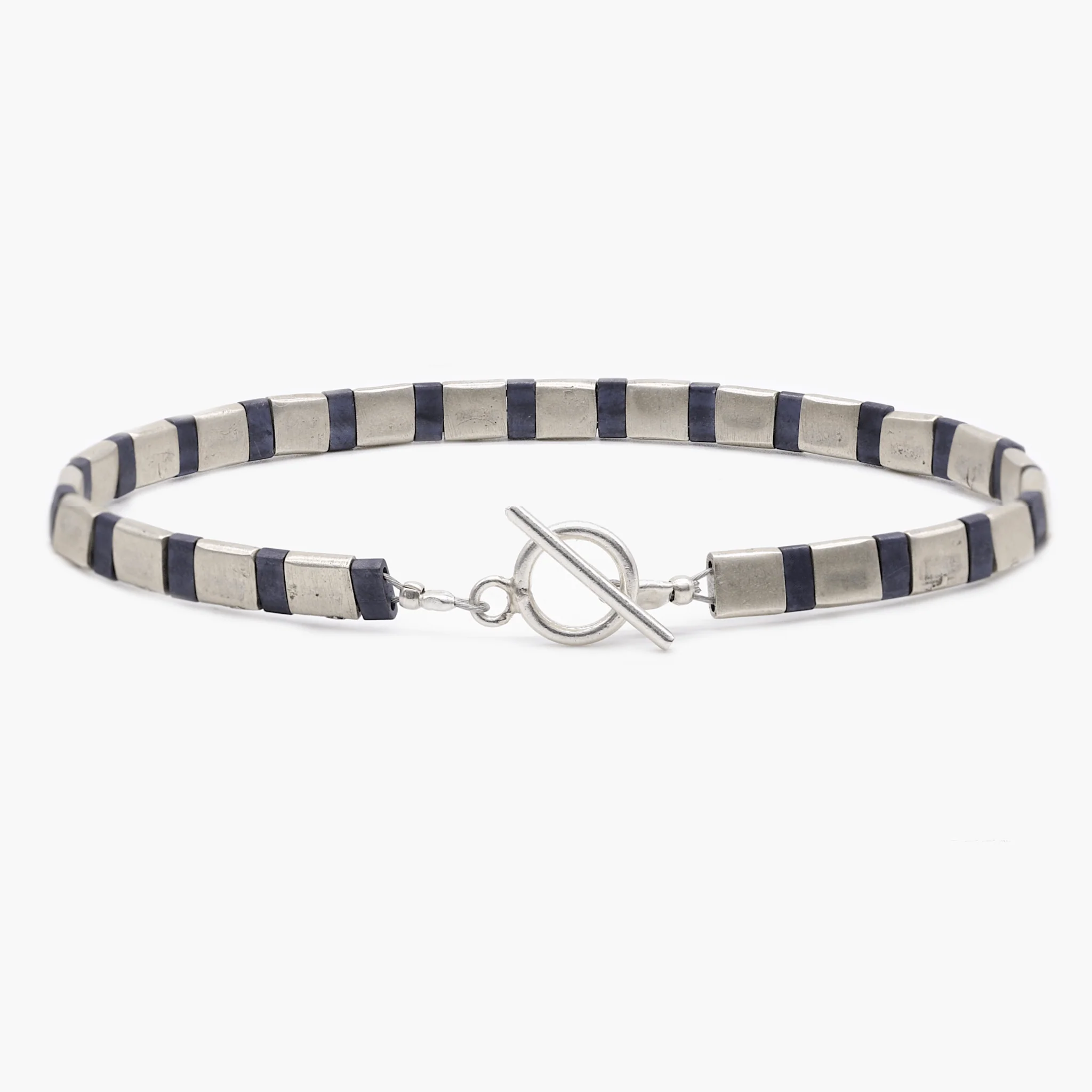 Silver Bracelet With Hand-Forged Tila Beads (Petrol Blue) - Image 2